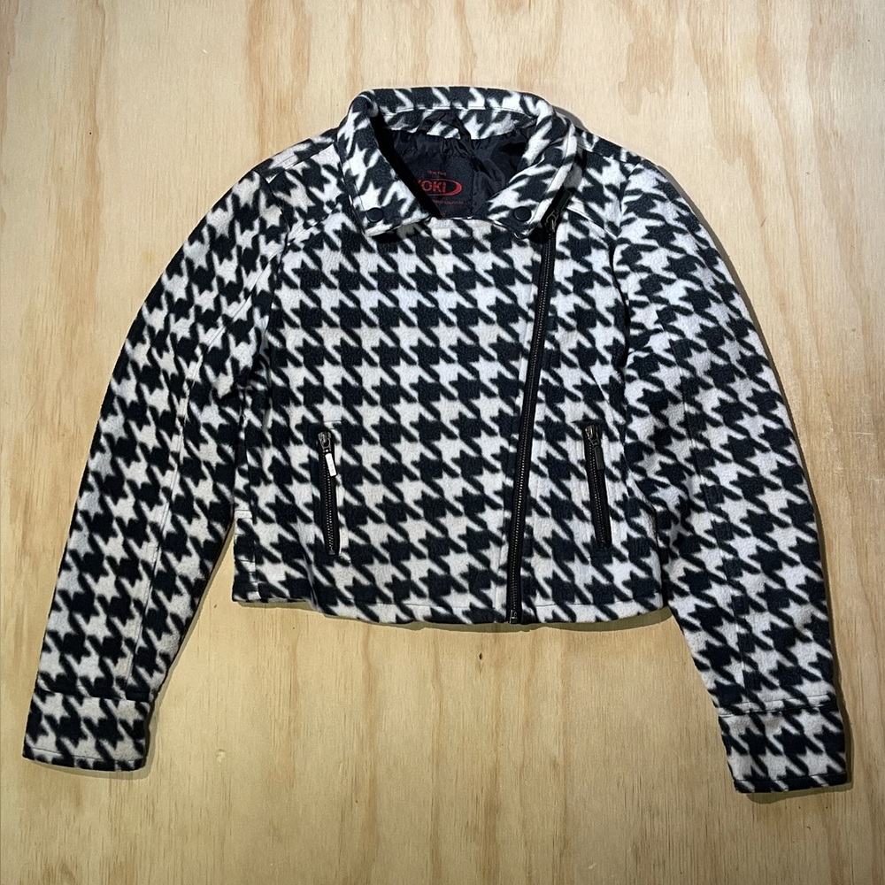Houndstooth Fleece Moto Jacket Zipper Black White Pattern Cropped with Pockets